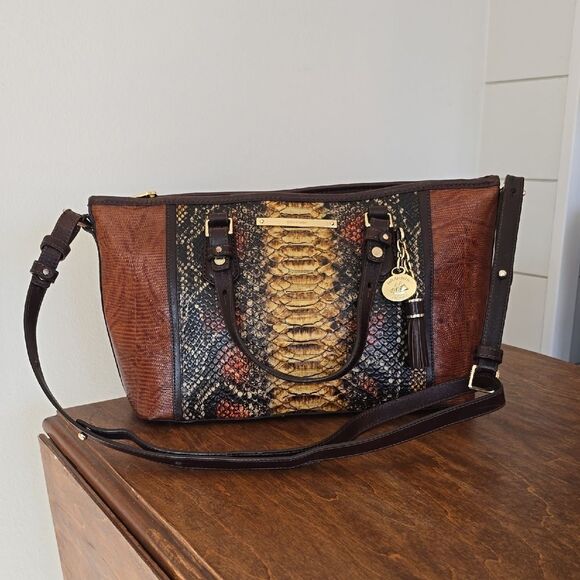 Brahmin Handbags - Brahmin | Mini Asher Brown Tyndal Snake Lizard  Smooth Leather Satchel
